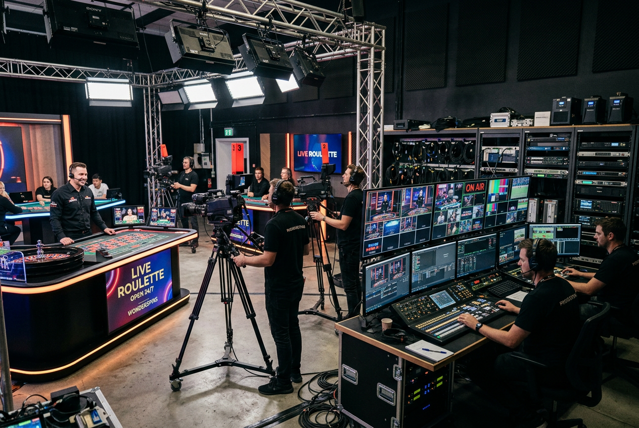 Nowoczesne studio kasyna na żywo z kamerami 4K i krupierami